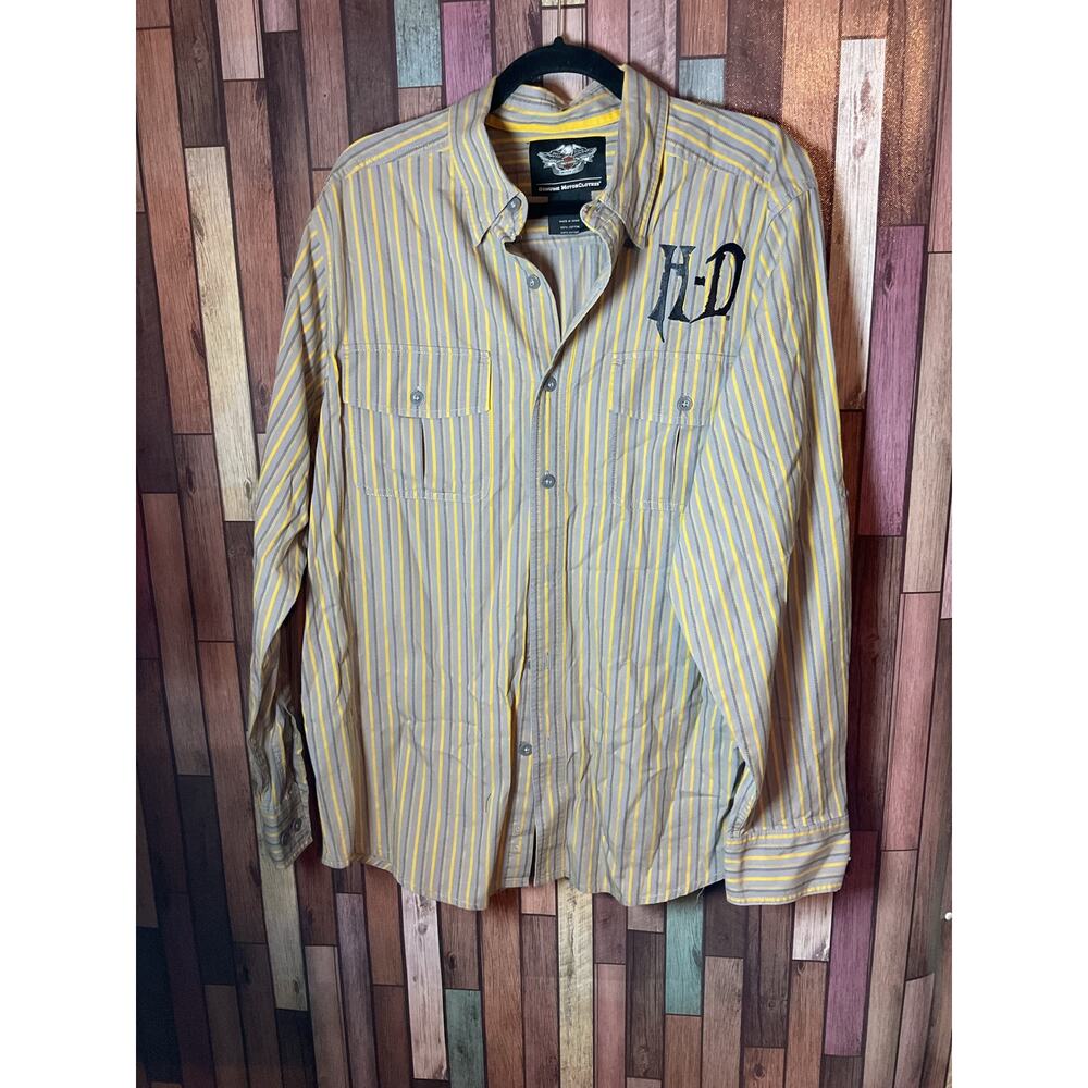 Harley Davidson Shirt Large Gray Yellow Stripe Spellout Long Sleeve Button Large